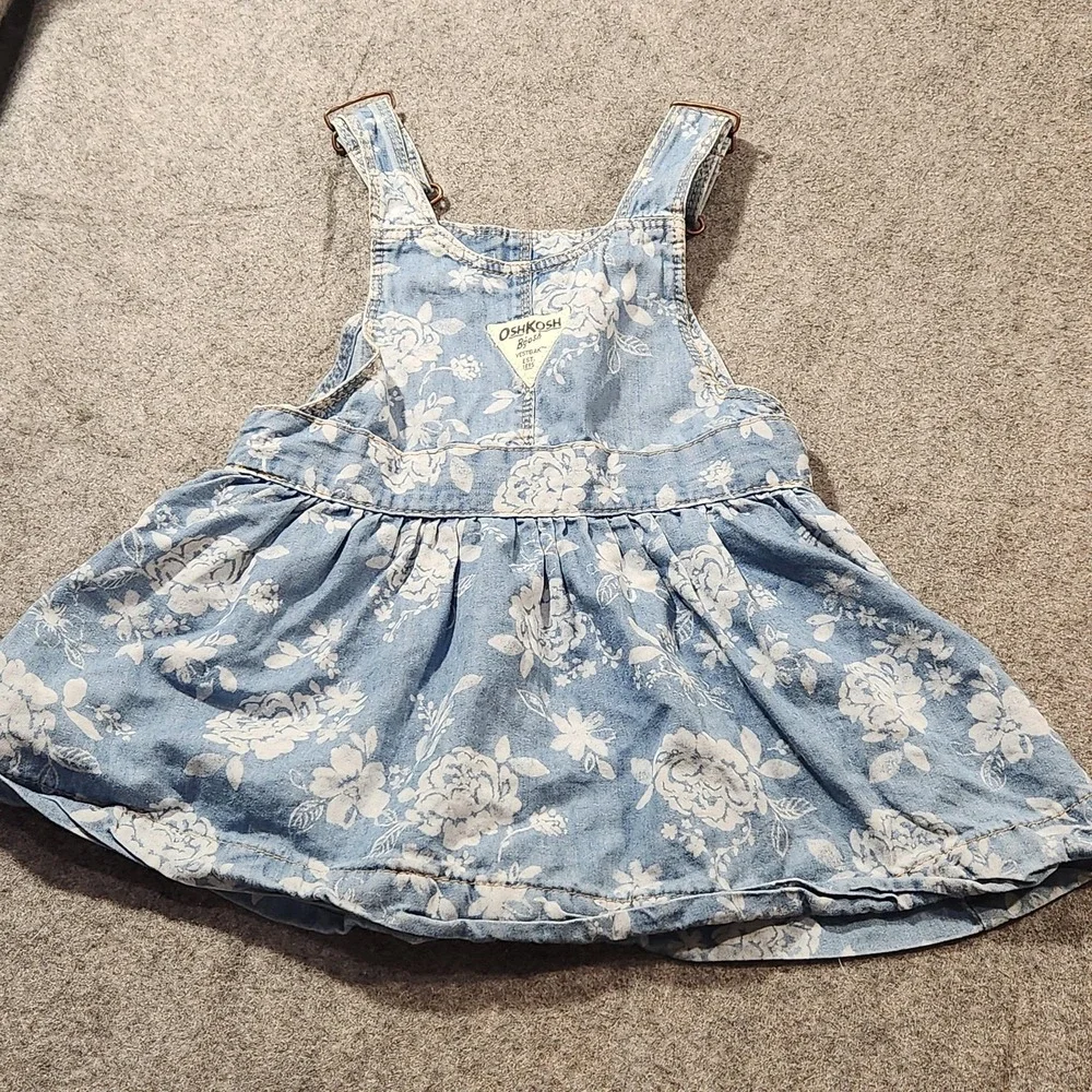 Vintage Y2K OshKosh B'gosh Denim Overall Dress Toddler Girls 18M Floral Jumper